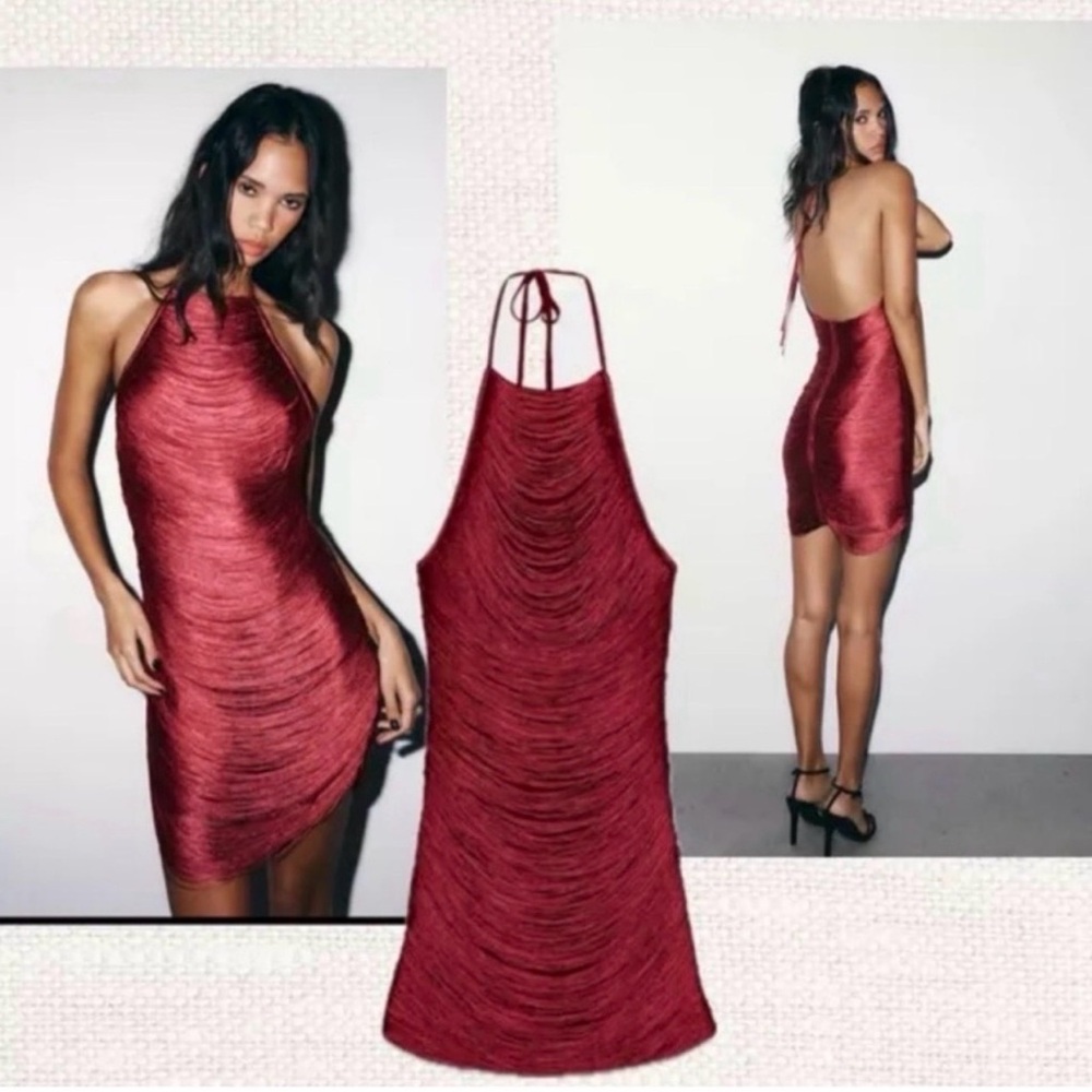 Zara Burgundy Halter drape Ruched Mini Dress NWT